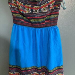 Silence + Noise Vibrant Blue and Red Aztec Print Strapless Dress